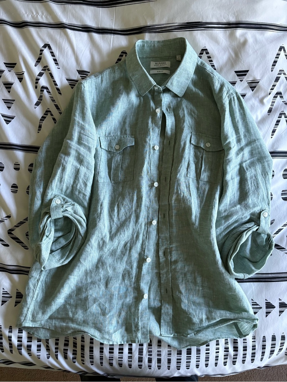 Murano Men's Light Sage Green Linen Button-Up Slim Fit Shirt - Picture 2 of 4